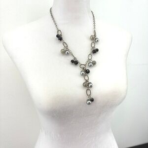 Silver Tone Y‎ Necklace Black Gray Pearl Cluster Beads Dangle Chandelier Bold